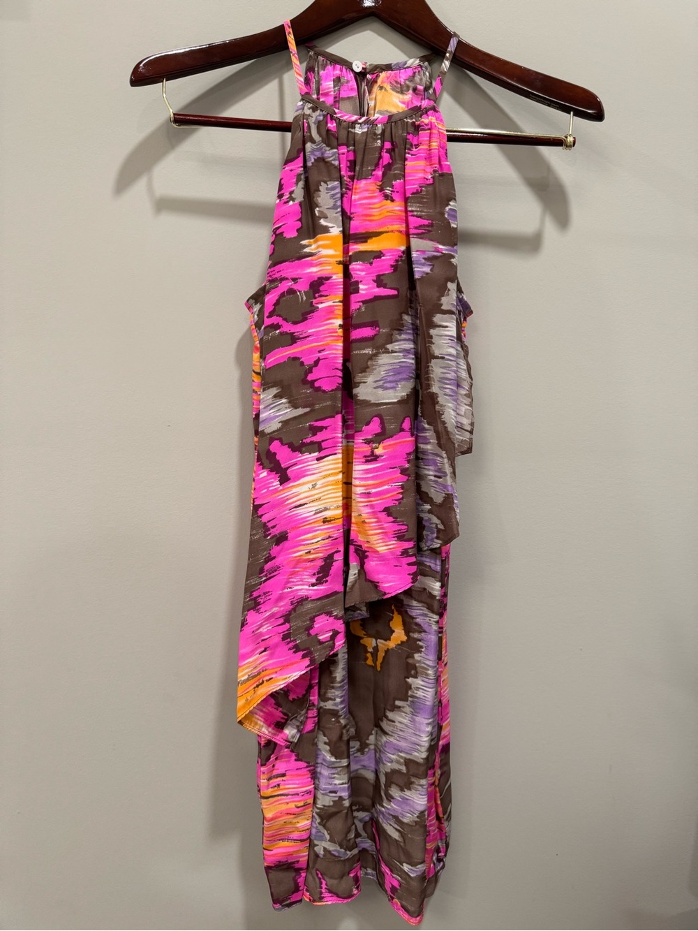 Alice & Trixie | 100% Silk Ruffle Halter Midi Dress |Abstract Pink Brown | Size